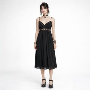 Vintage Lapis Silk Slip Dress Black Beaded Whimisgoth Fairy Grunge Shift L